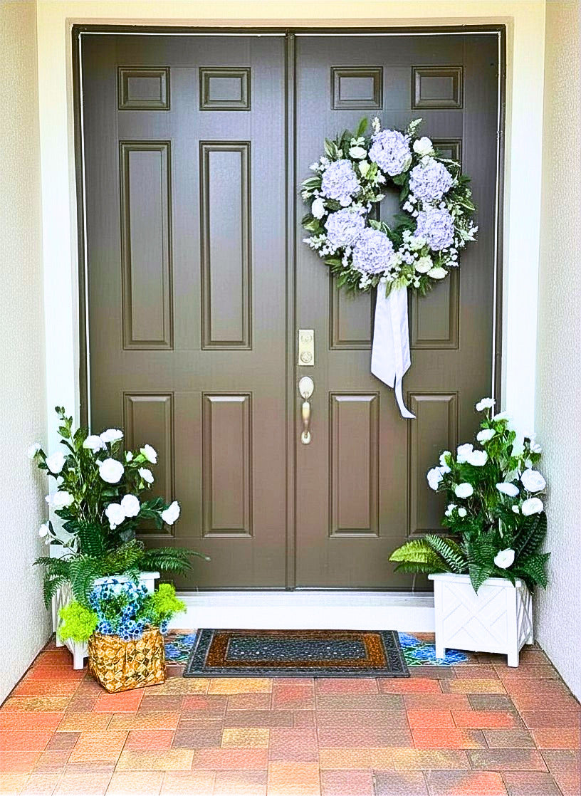 Signature Presence - lavender hydrangea entry with layered planter styling