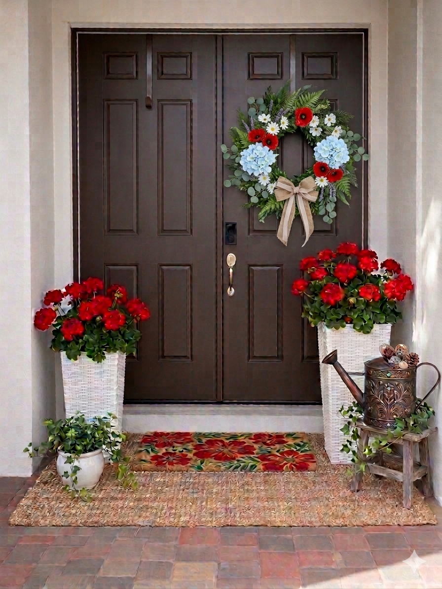 Signature Presence - summer styled entry with red geraniums, white wicker planters and floral wreath
