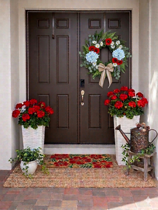Signature Presence - summer styled entry with red geraniums, white wicker planters and floral wreath