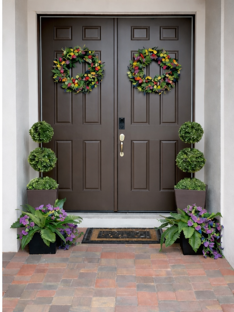 Elevated Presence - after transformation with paired topiaries, matching wreaths and layered planters